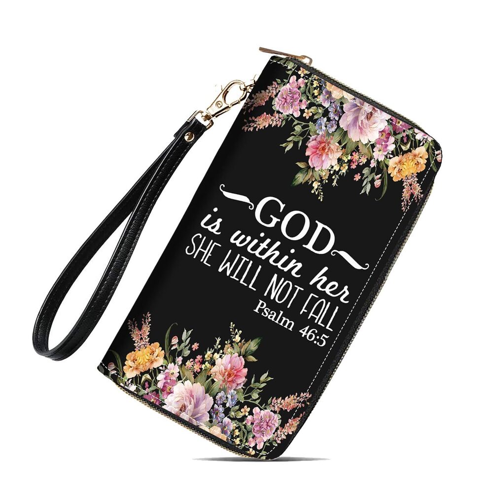 8125 Large Capacity Wallet, Floral Quote Bible Verses Psalm 46:5 Print